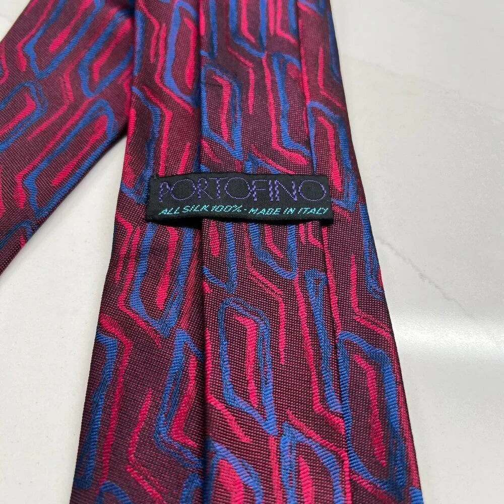Portofino Vintage Mens Silk Necktie Red & Blue Italy Made 80s Party Club 58x3.5